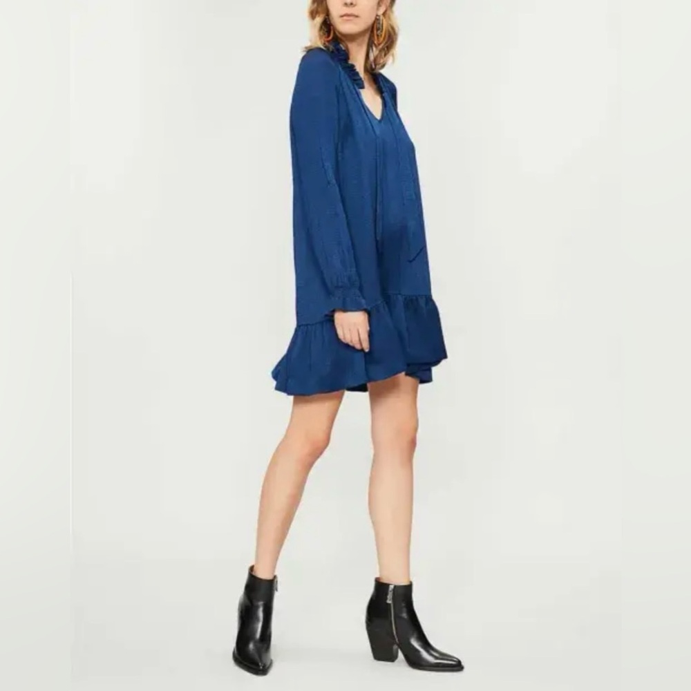 Sandro Blue Butterfly Ruffled Tie-Neck Dress